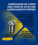 Carregador de carro USB C mini de 30 W com carregamento rápido, compatível com qualquer tipo de celular, incluindo o iPhone. - Curucutear.com